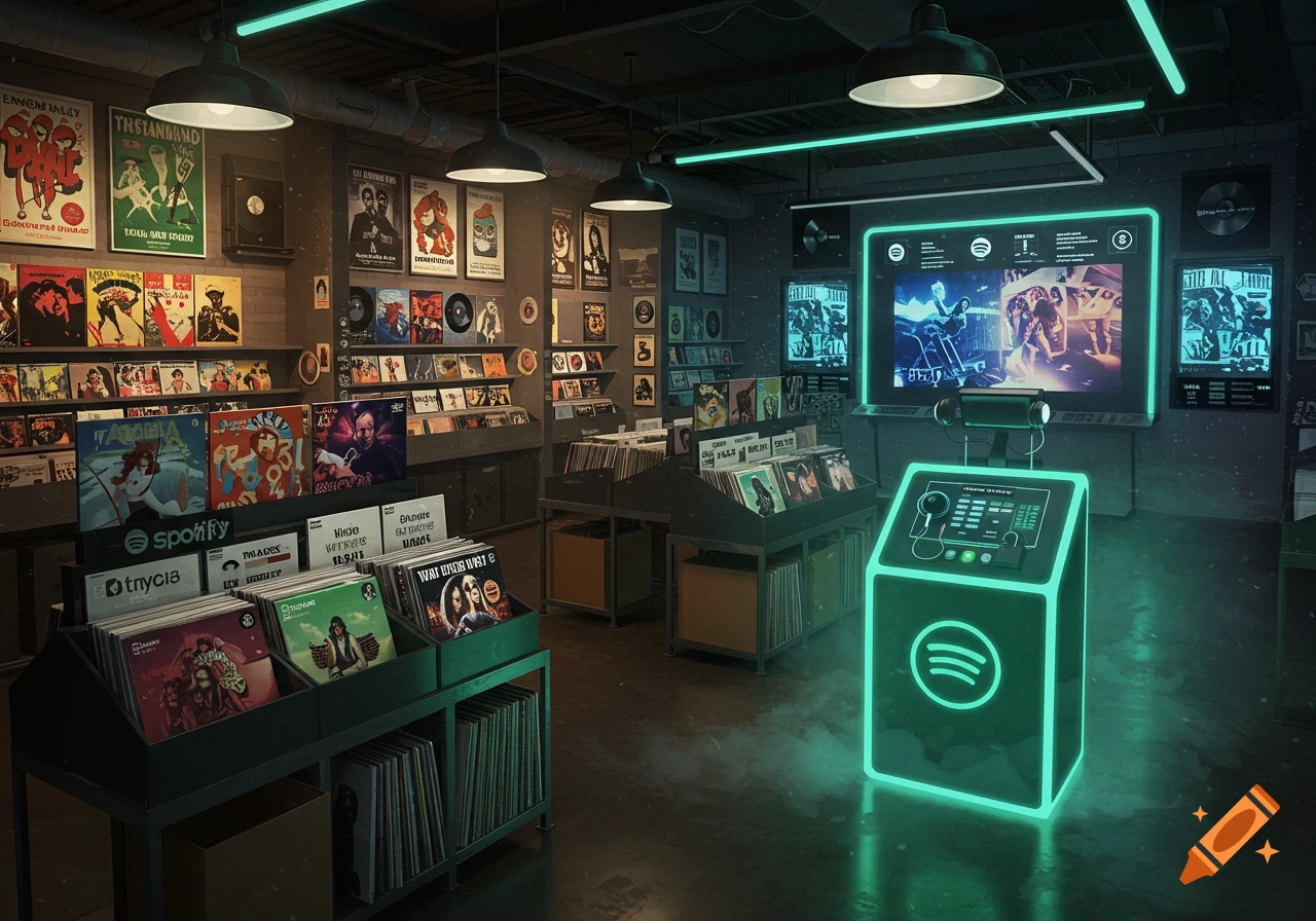 A modern record store illuminated by neon green lights, with shelves full of vinyl records and digital display screens showing music, featuring Spotify branding.