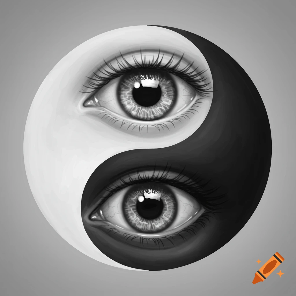 Black and white yin-yang symbol with two realistic human eyes.