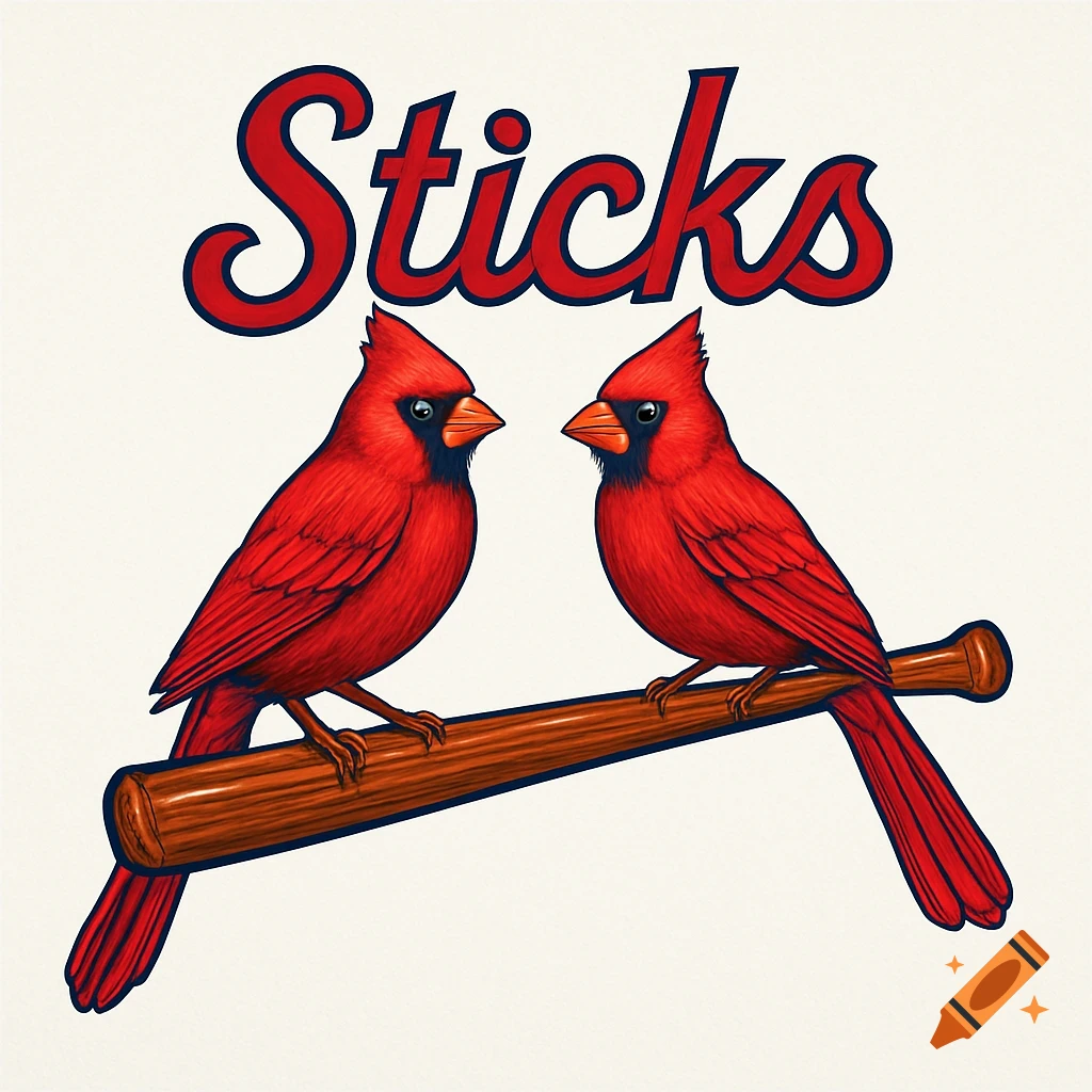 A logo featuring two red cardinals perched on a baseball bat, with the word 'Sticks' written above them in a red cursive font.
