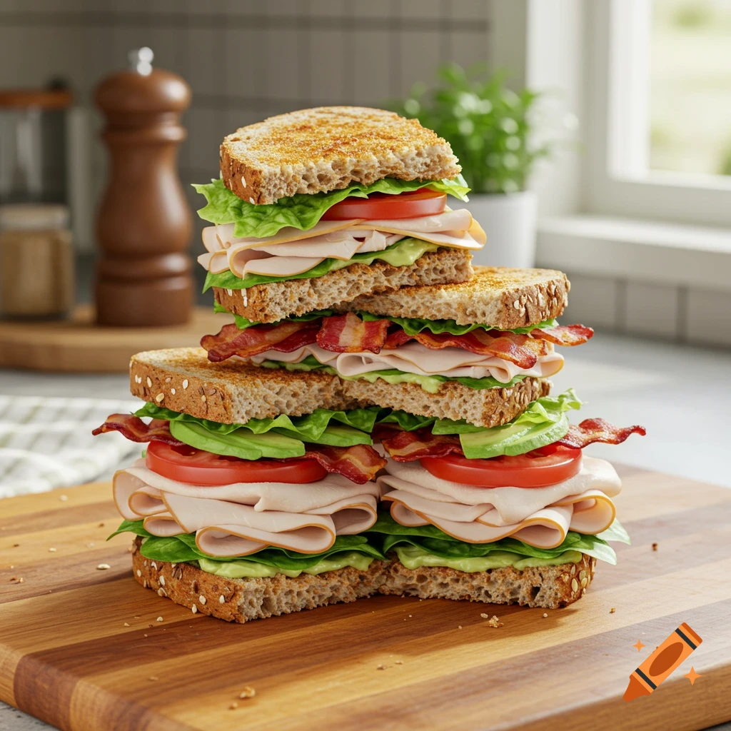 A tall, stacked club sandwich with turkey, bacon, lettuce, tomato, and avocado on toasted bread on a wooden board, photorealistic.