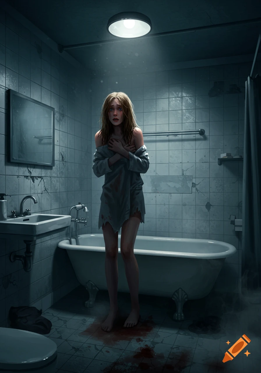 A frightened woman with wet, disheveled hair stands in a dimly lit, rundown bathroom with blood on the floor, clutching her chest in a torn shirt.