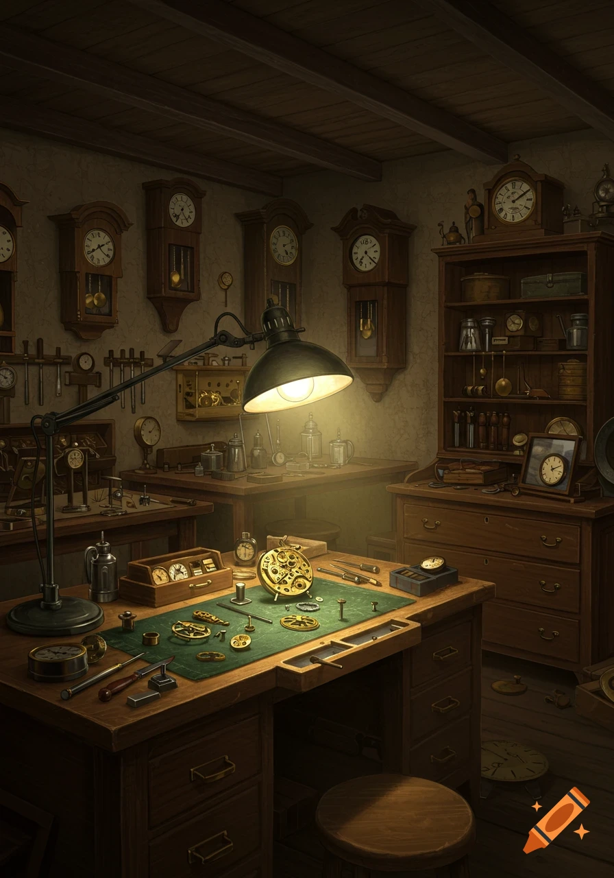 A warmly lit vintage clockmaker's workshop, with disassembled watches on a green work mat, surrounded by tools and various wall and mantel clocks.