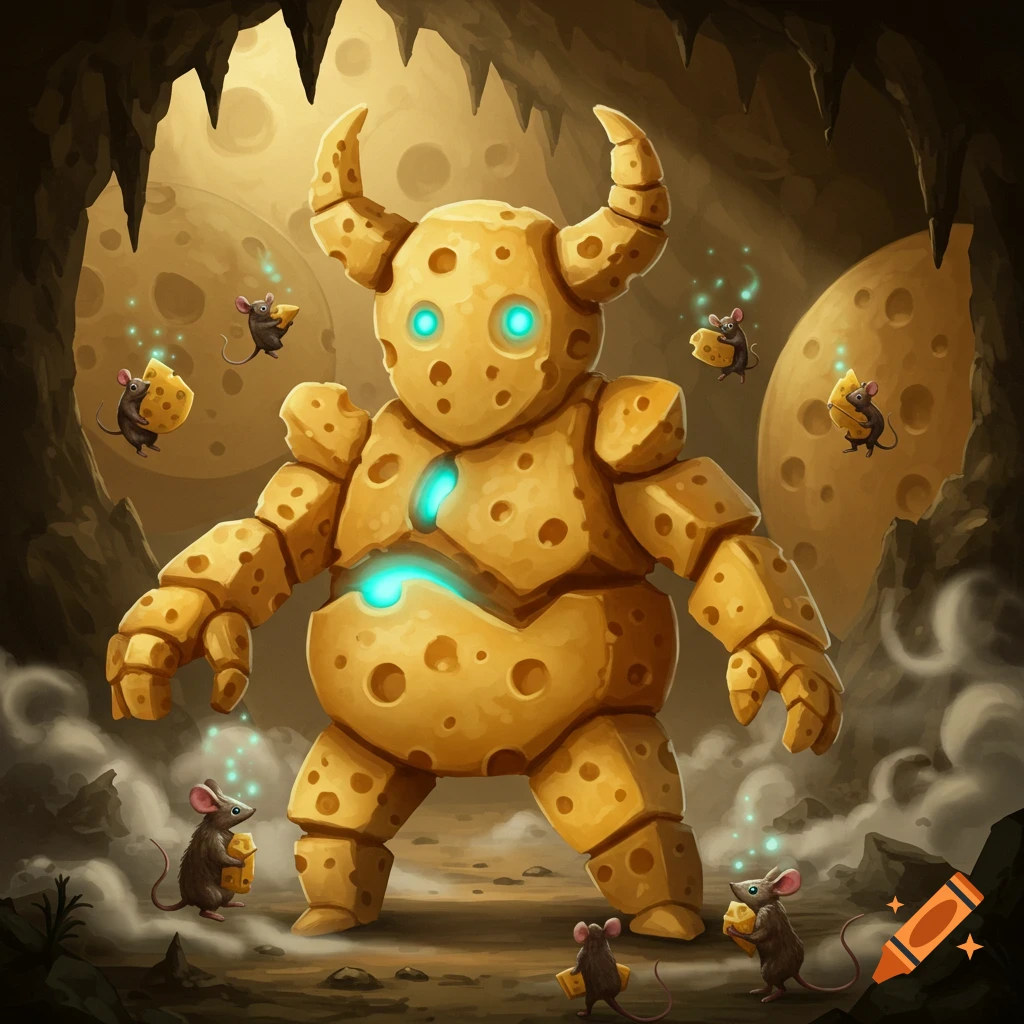 A large cheese demon with glowing blue eyes and chest stands in a cave with cheese stalactites, surrounded by smaller mice eating cheese. Fantasy art.