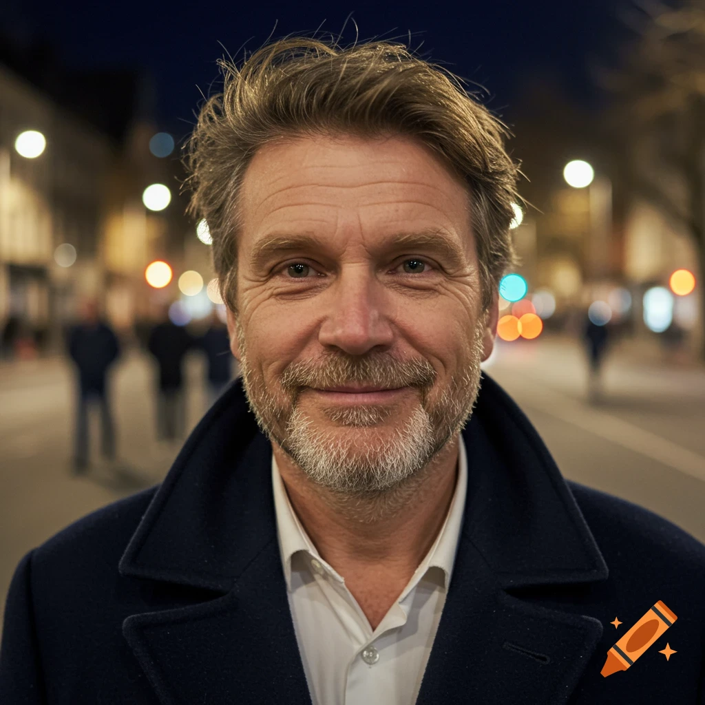 Close-up portrait of a smiling man with a beard and messy hair, wearing a dark coat, on a city street at night with blurred lights.