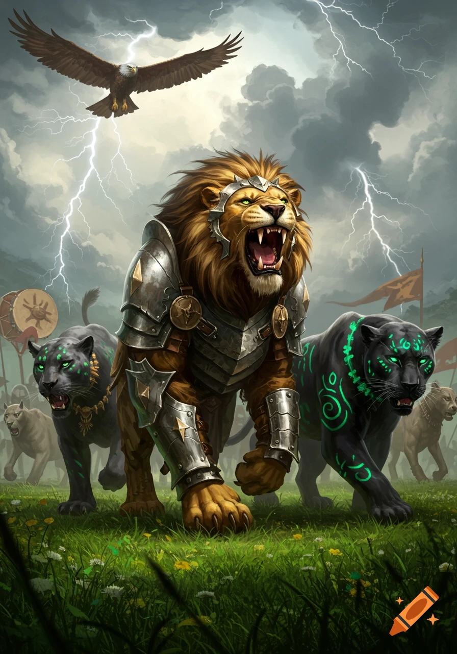 Armored lion and black panthers lead an army across a grassy field under a stormy, lightning sky with an eagle flying. Fantasy art.