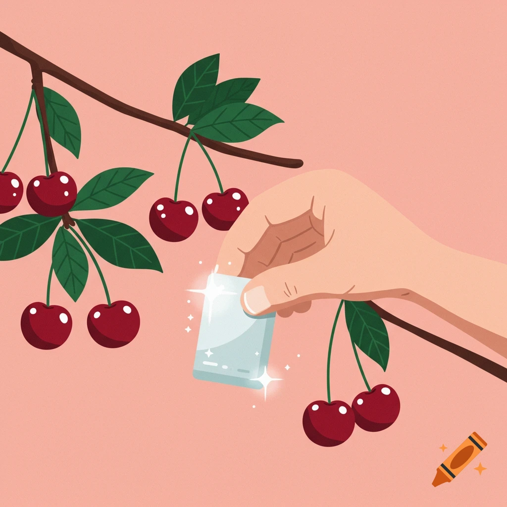 A cartoon hand picks a shimmering card from a cherry tree against a pastel pink background, in a flat vector style.