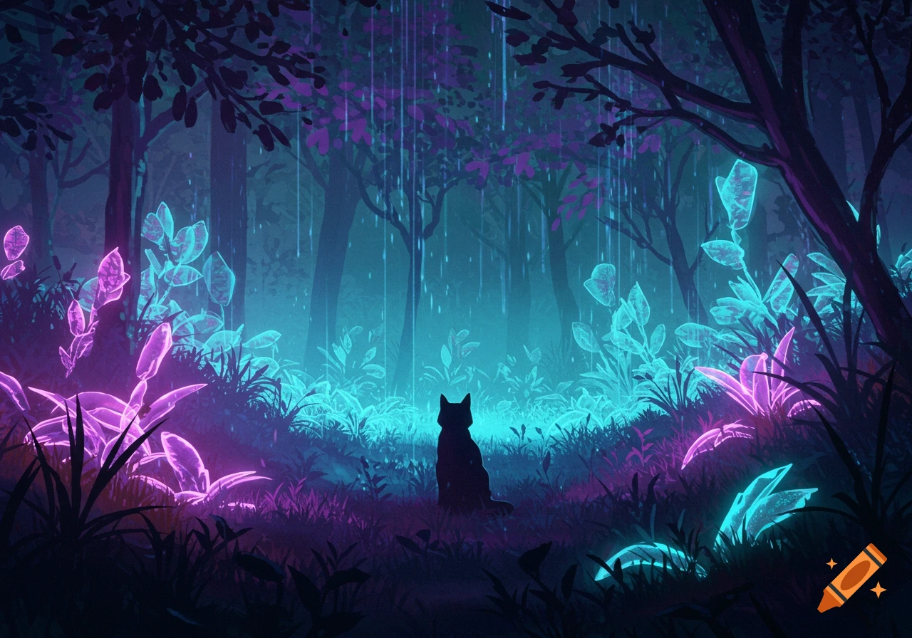 A silhouetted cat sits in an ethereal forest glowing with vibrant purple and cyan bioluminescent plants and trees.