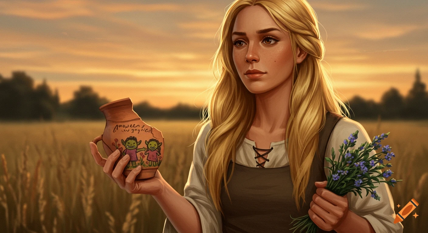 A peasant woman with long blonde hair holding a broken pot with orc drawings and purple flowers in a field at sunset, digital painting.