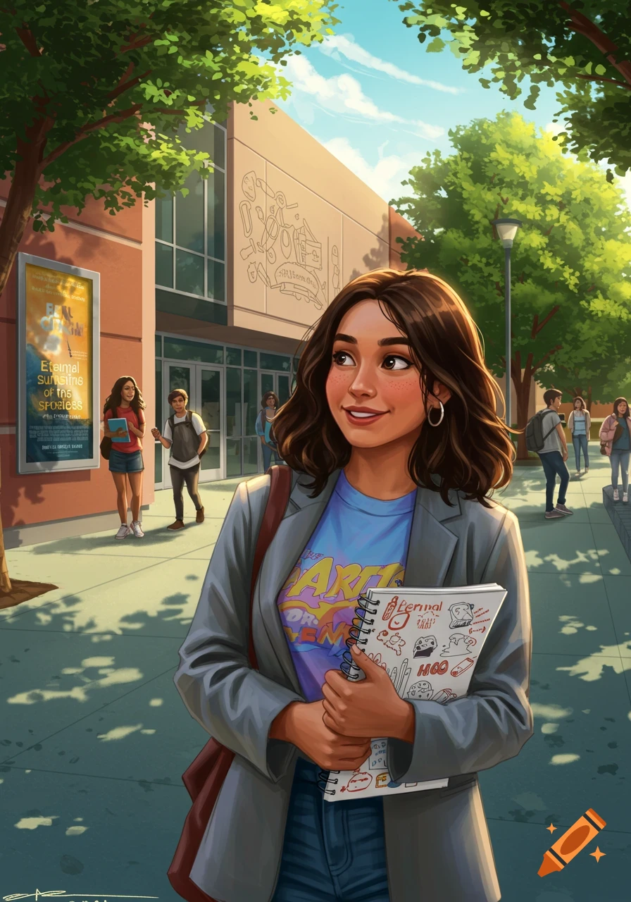 An illustration of a smiling young woman with dark hair and a grey blazer, holding a notebook, standing on a college campus sidewalk with other students and a building in the background.