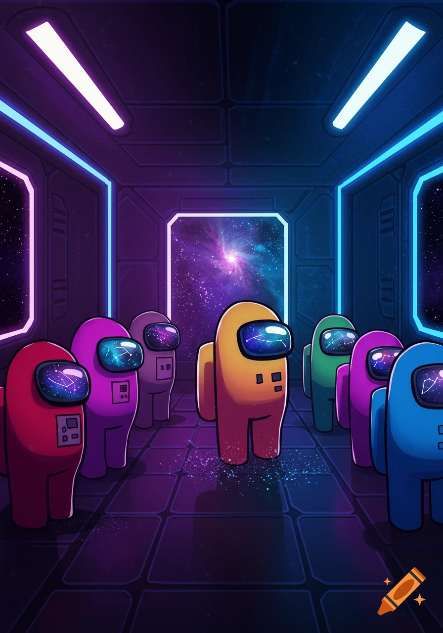 Colorful Among Us characters stand in a neon-lit spaceship corridor, gazing at a galaxy through windows and visors.