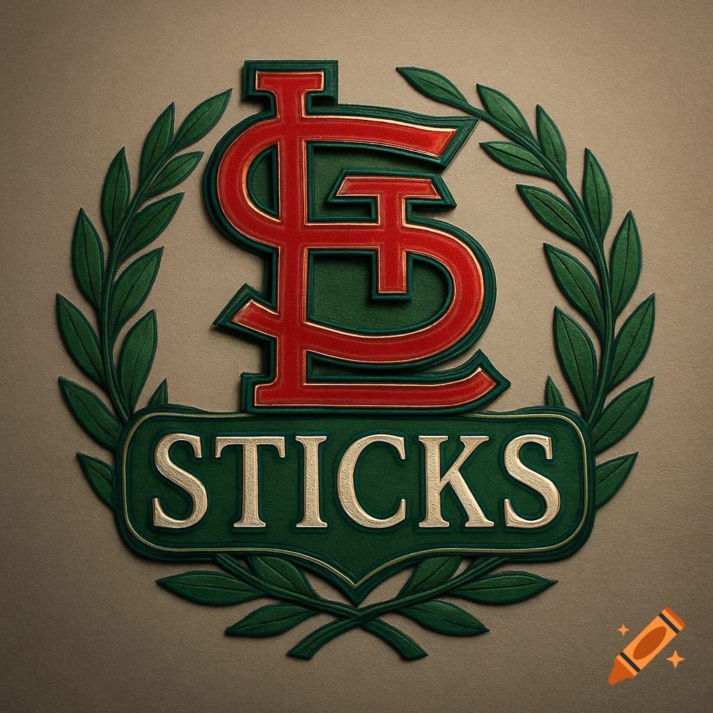 A detailed, embossed logo featuring a stylized red 'SL' emblem above a green banner with the word 'STICKS' in gold, all framed by green olive branches.