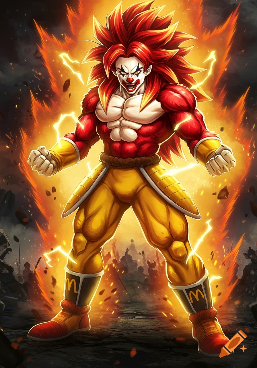 Anime Super Saiyan 4 Ronald McDonald character with red spiky hair, clown makeup, red furry body, yellow and red costume with McDonald's 'M' logos, glowing with golden energy.