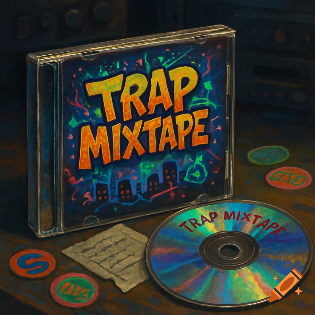 A retro-style 'TRAP MIXTAPE' CD case and a holographic CD on a dark wooden surface with small coasters.