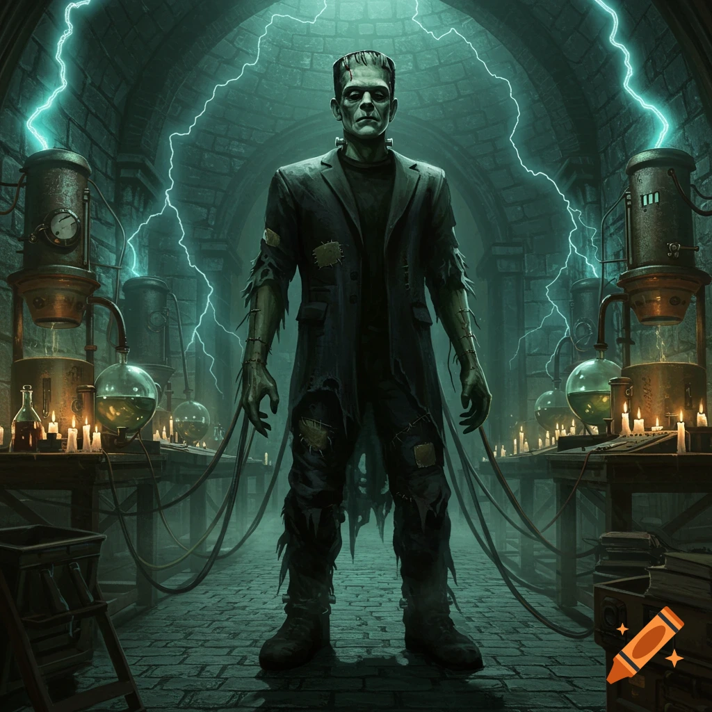 Frankenstein's monster stands in a dimly lit, vaulted laboratory, surrounded by scientific apparatus, candles, and bolts of blue electricity.