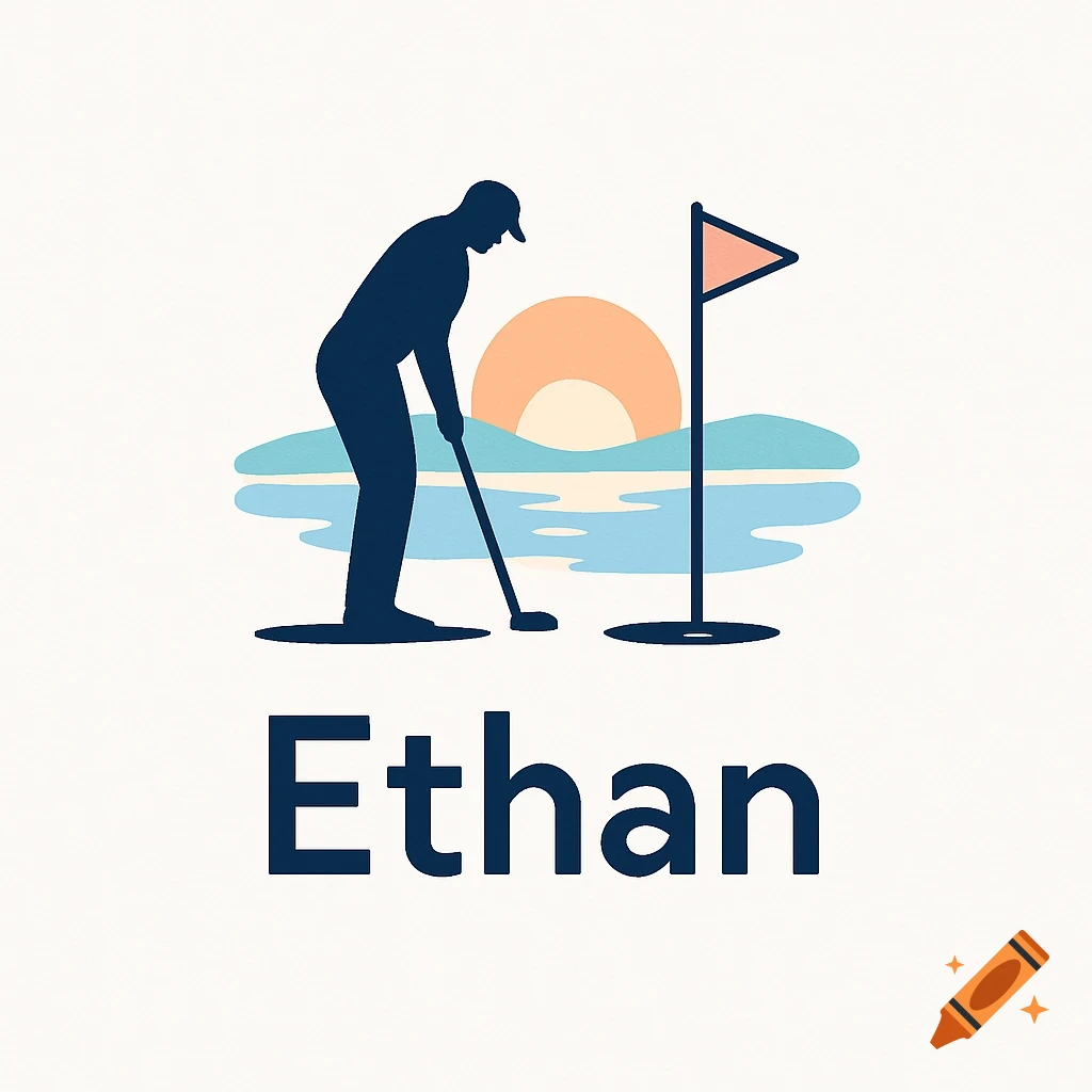 A minimalist logo with a dark blue silhouette of a golfer by a lake, a golf flag, and an orange sun, with the name 'Ethan' below.