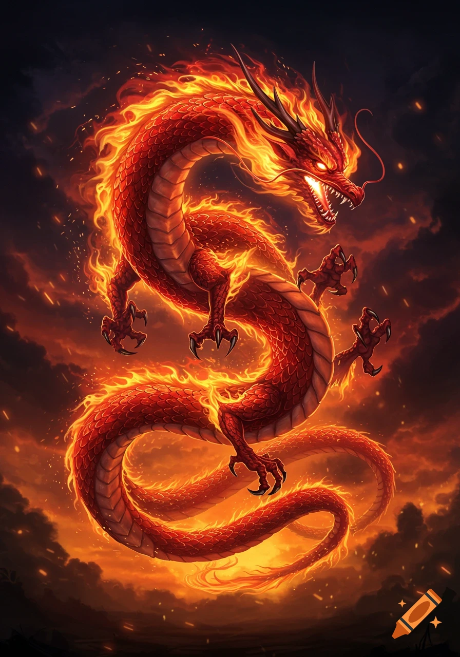 Vibrant red dragon wreathed in orange flames, with glowing eyes, against a dark, cloudy, fiery sky in anime style.