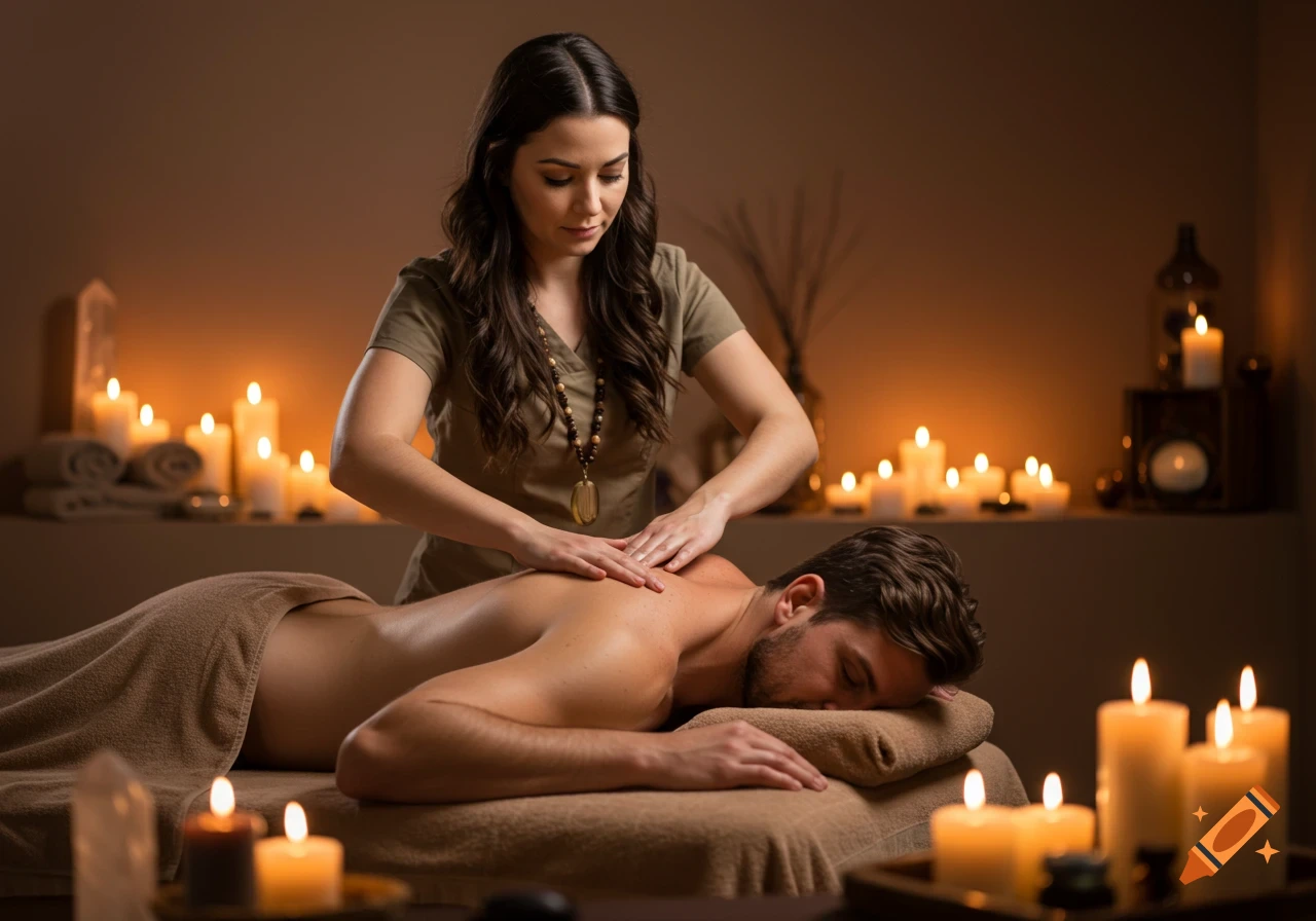 Photorealistic image of a woman giving a back massage to a man in a warm, candle-lit spa room.