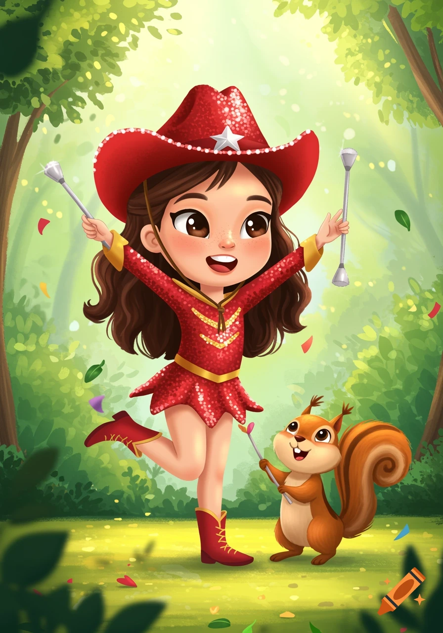 Happy cartoon girl in a red sequin uniform and cowboy hat holds batons with a squirrel in a green forest setting, confetti falling.