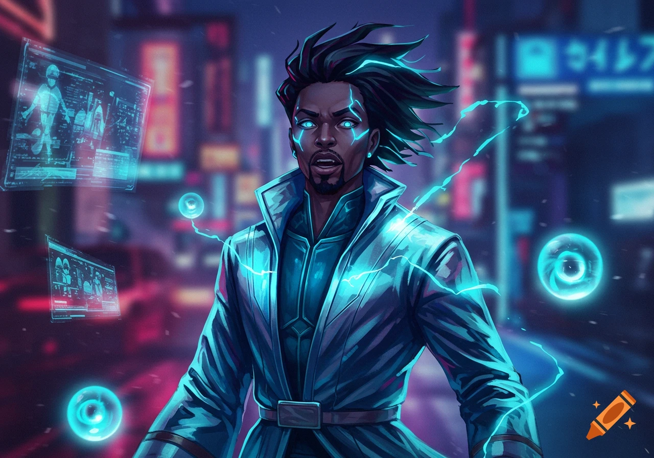 An anime-style Black man with glowing blue eyes and lightning streaks, wearing a futuristic coat, stands in a neon-lit cyberpunk city with holographic screens.