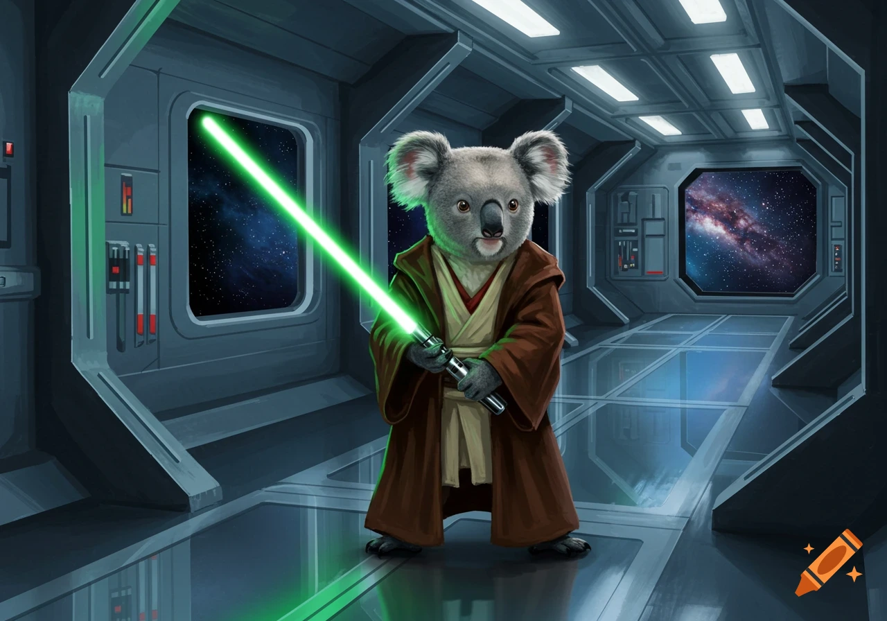 A koala dressed in brown robes, wielding a green lightsaber in a spaceship corridor with views of space. Digital art.