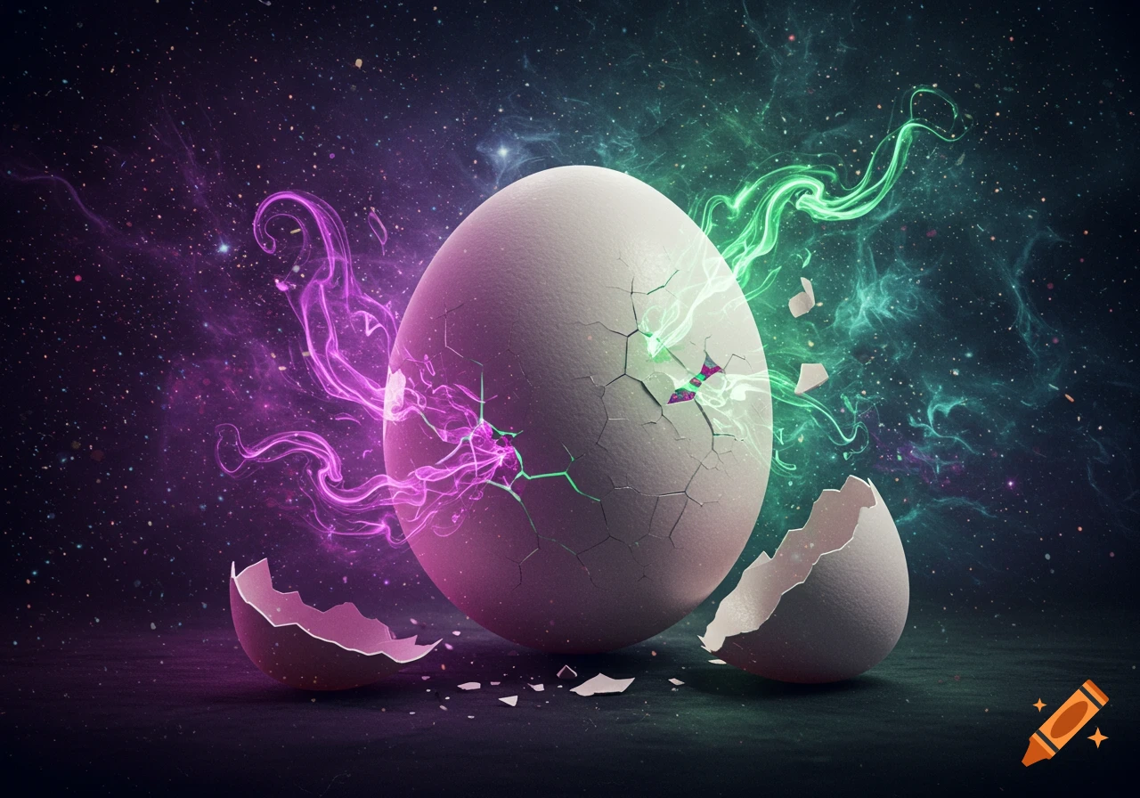 A large, cracking white egg glows with vibrant pink and green energy against a dark, starry cosmic background.