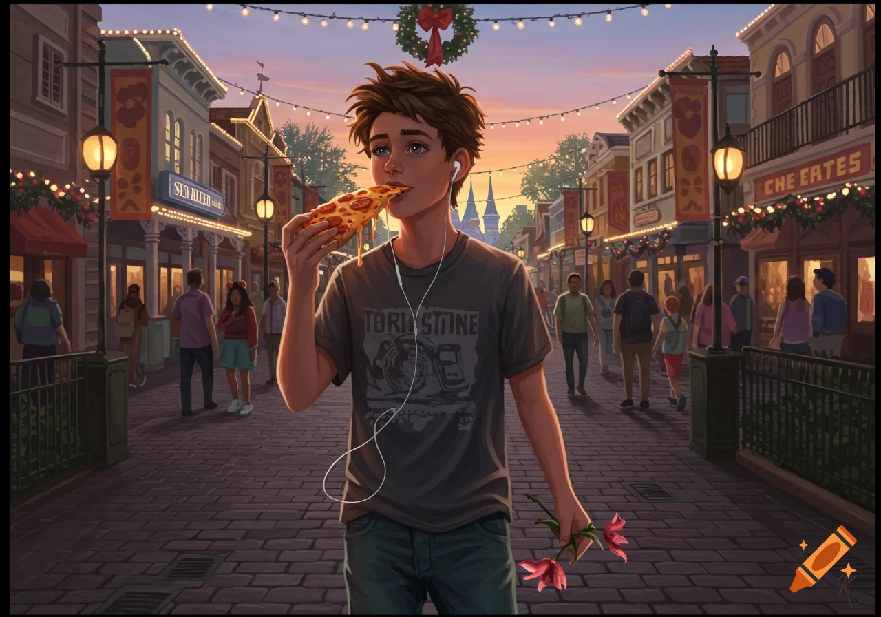 A cartoon boy in a bustling theme park street eats a slice of pizza, wears earbuds, and holds wilting flowers at sunset.