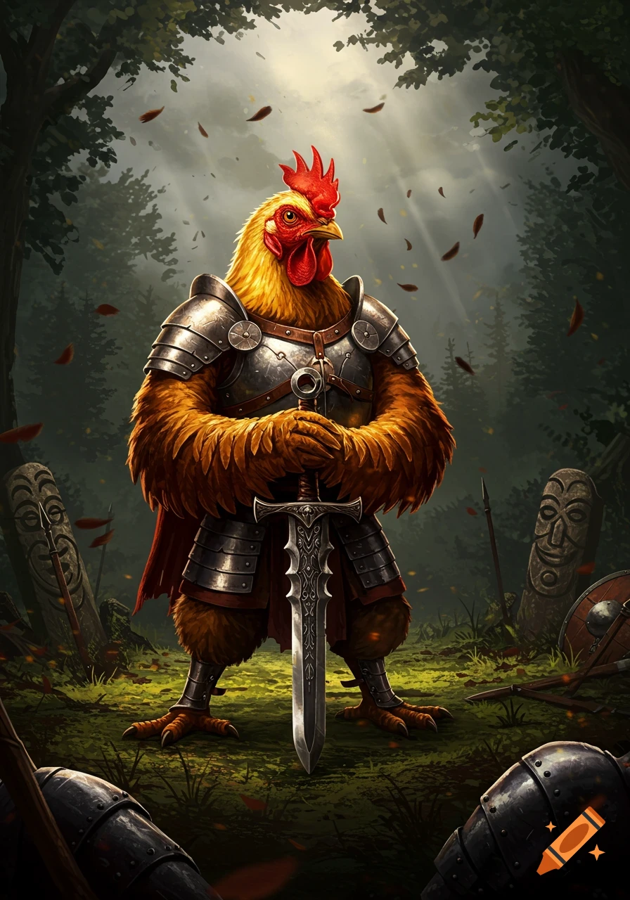 A proud anthropomorphic chicken warrior in ornate metal armor stands with a large sword in a dark, sunlit fantasy forest.
