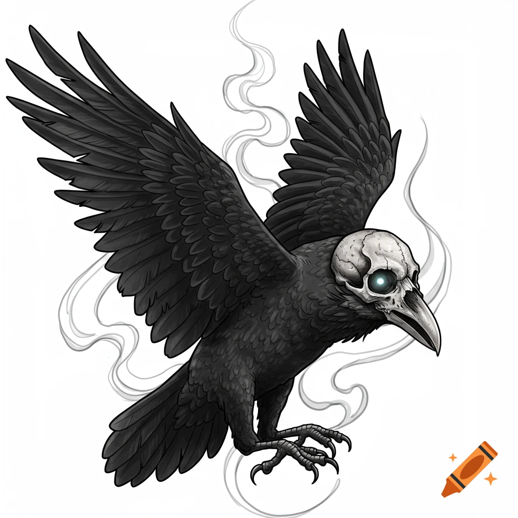 Stylized illustration of a black raven with a skull for a head, glowing eyes, and smoke trails, in flight.