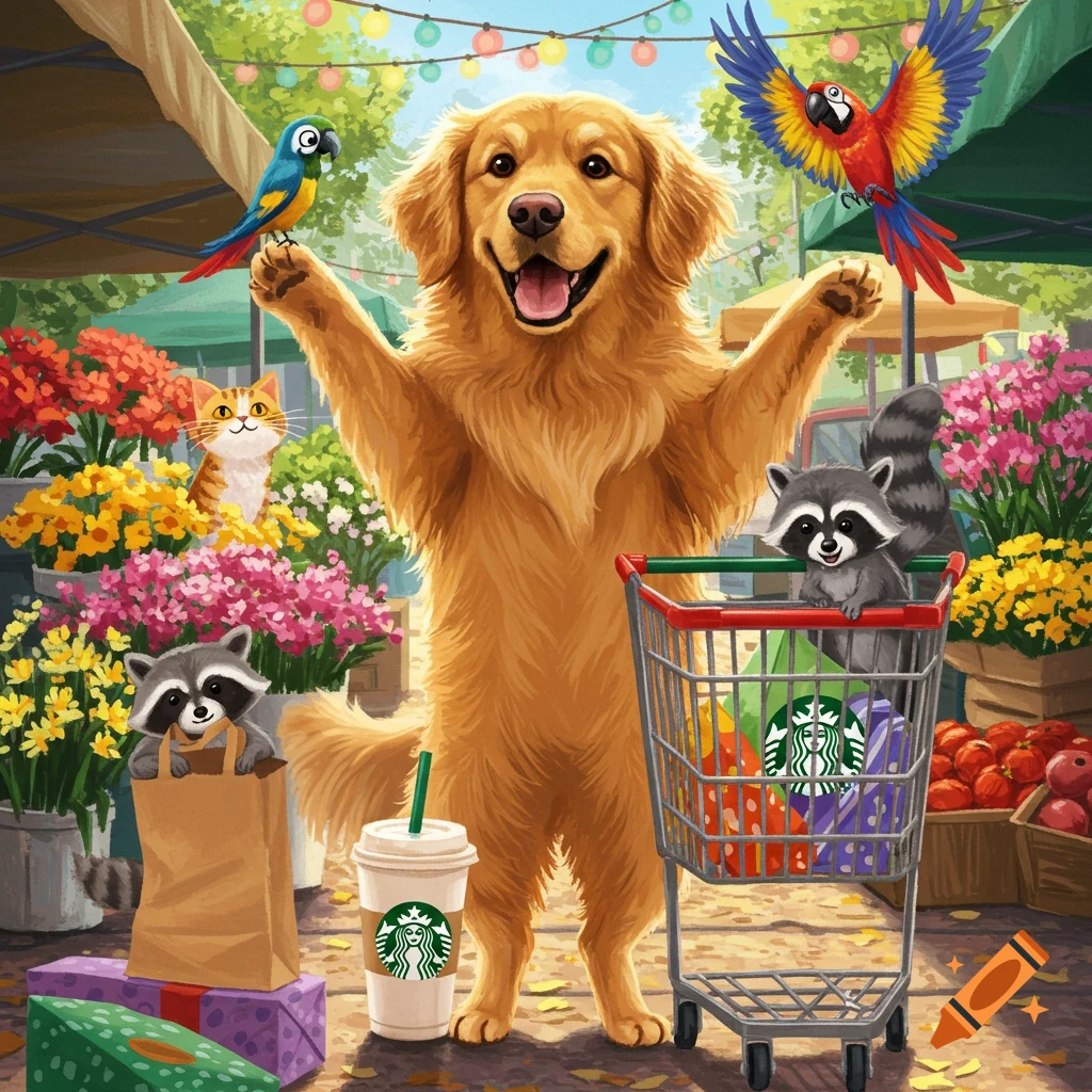 A happy golden retriever with its arms raised at a vibrant outdoor market, surrounded by flowers, with a cat, two raccoons, and two parrots. A Starbucks cup and shopping cart are nearby, all in a cheerful cartoon style.