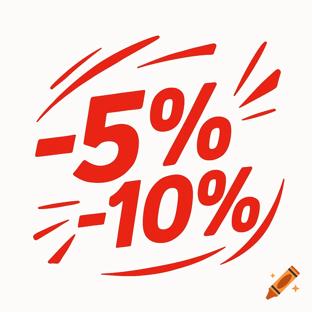 Red stylized text displaying '-5% -10%' with decorative lines, on a white background.