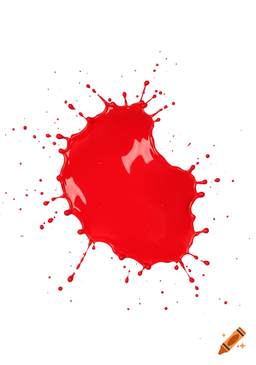 A vibrant red paint splat with numerous smaller droplets scattered on a pure white background.