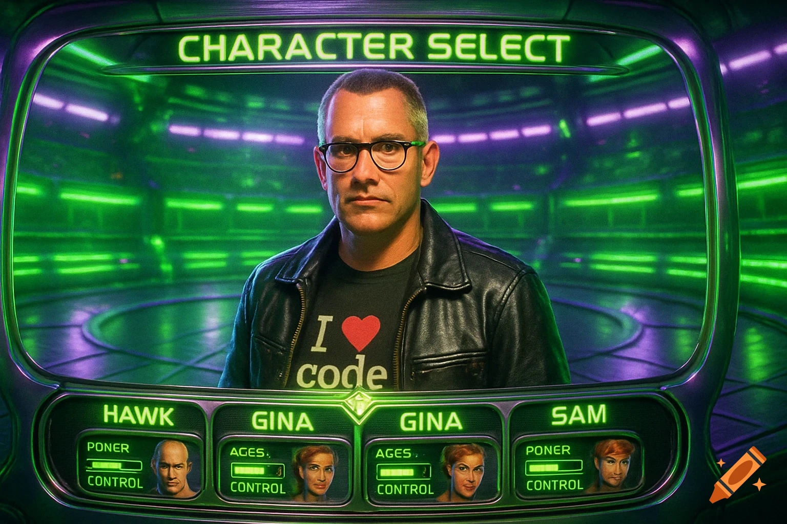 A man with glasses and a leather jacket on a retro-futuristic green and purple character select screen, wearing an 'I love code' t-shirt. Character slots below him show other avatars.