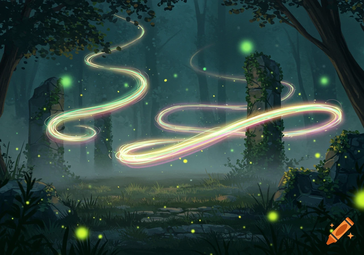 Mystical forest scene at dusk with glowing colorful light trails, ancient stone pillars, and fireflies illuminating mist.