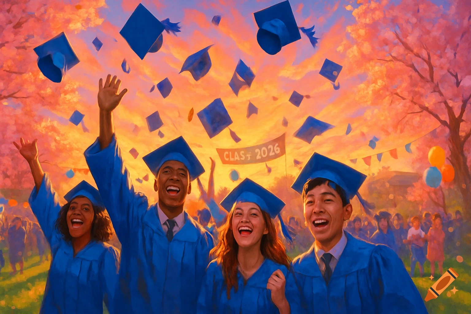 Four diverse graduates in blue caps and gowns celebrate, throwing hats against a vibrant sunset sky with cherry blossoms.