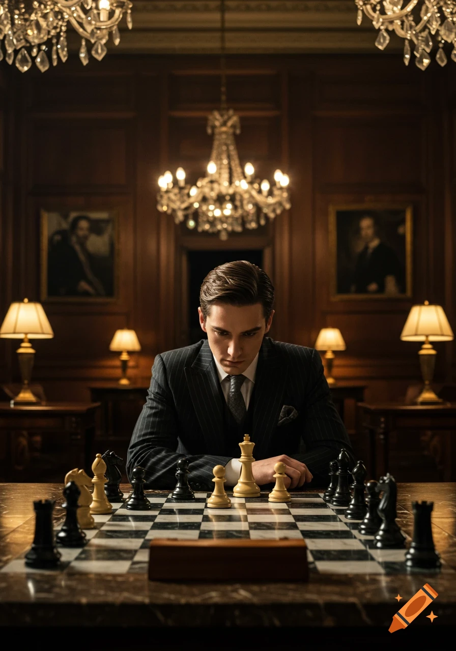 A man in a pinstripe suit intensely focuses on a chess board in an elegant, wood-paneled room with chandeliers.