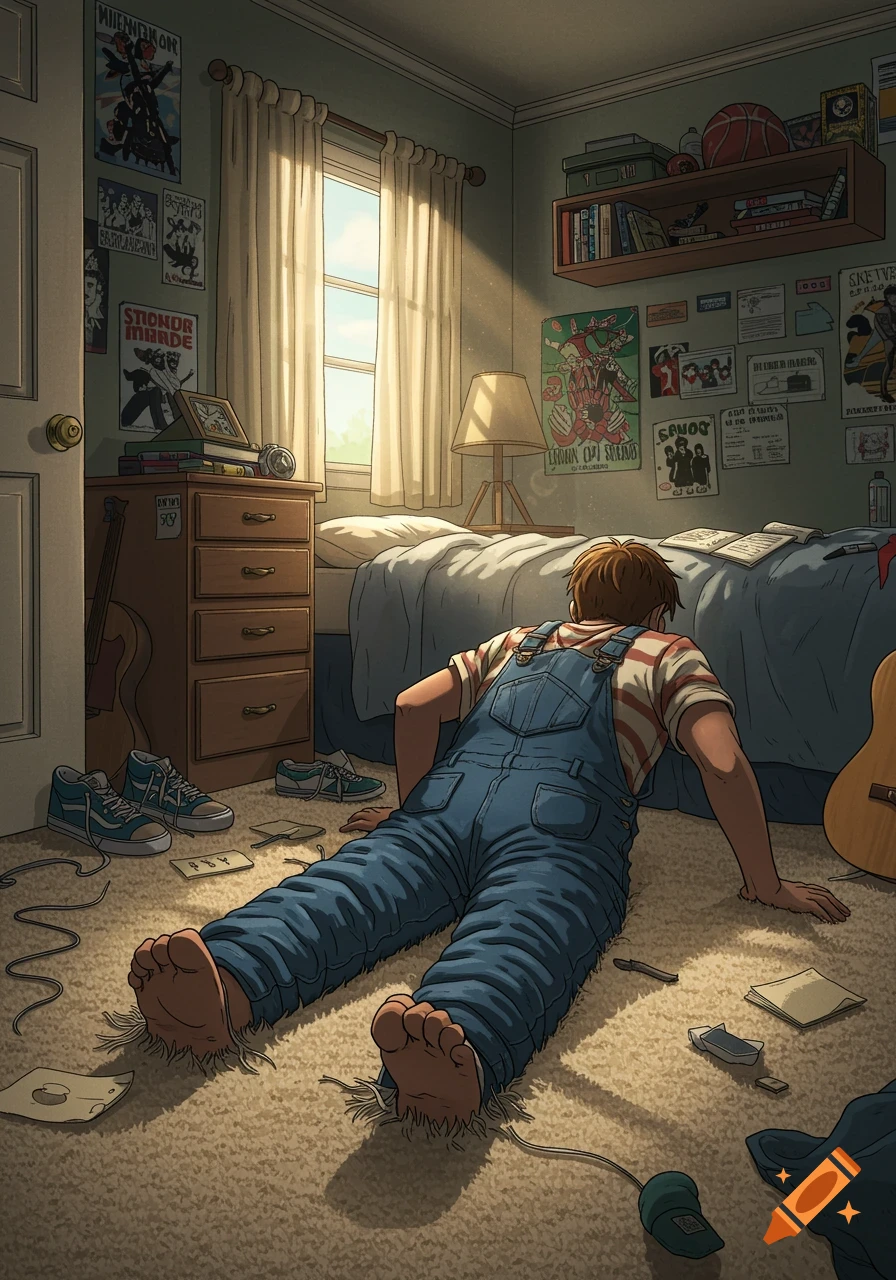 A cartoon of a high school guy on his stomach on a messy bedroom floor, his overalls sewn to the carpet.
