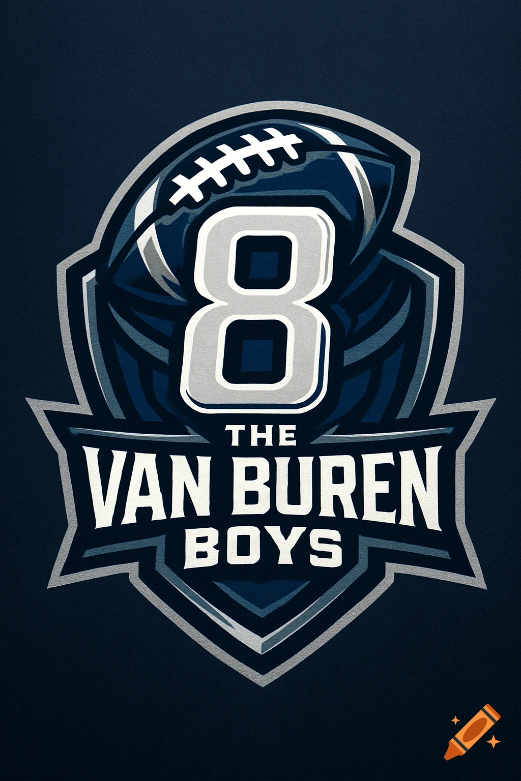 Dark blue sports logo with a football, a large number 8, and text 'THE VAN BUREN BOYS'.