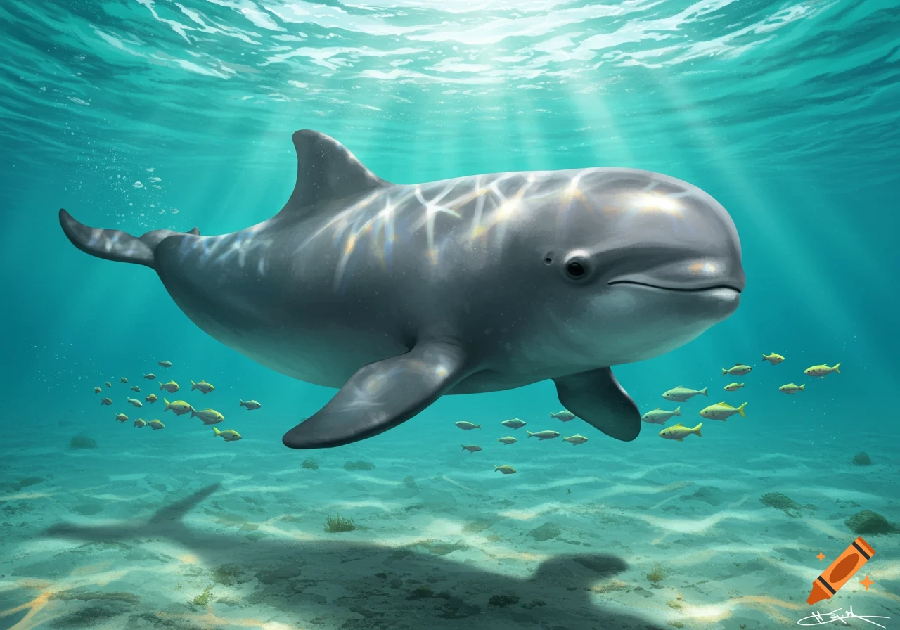 A digital illustration of a vaquita swimming in clear blue-green ocean water with sunlight rays and small fish over a sandy seabed.
