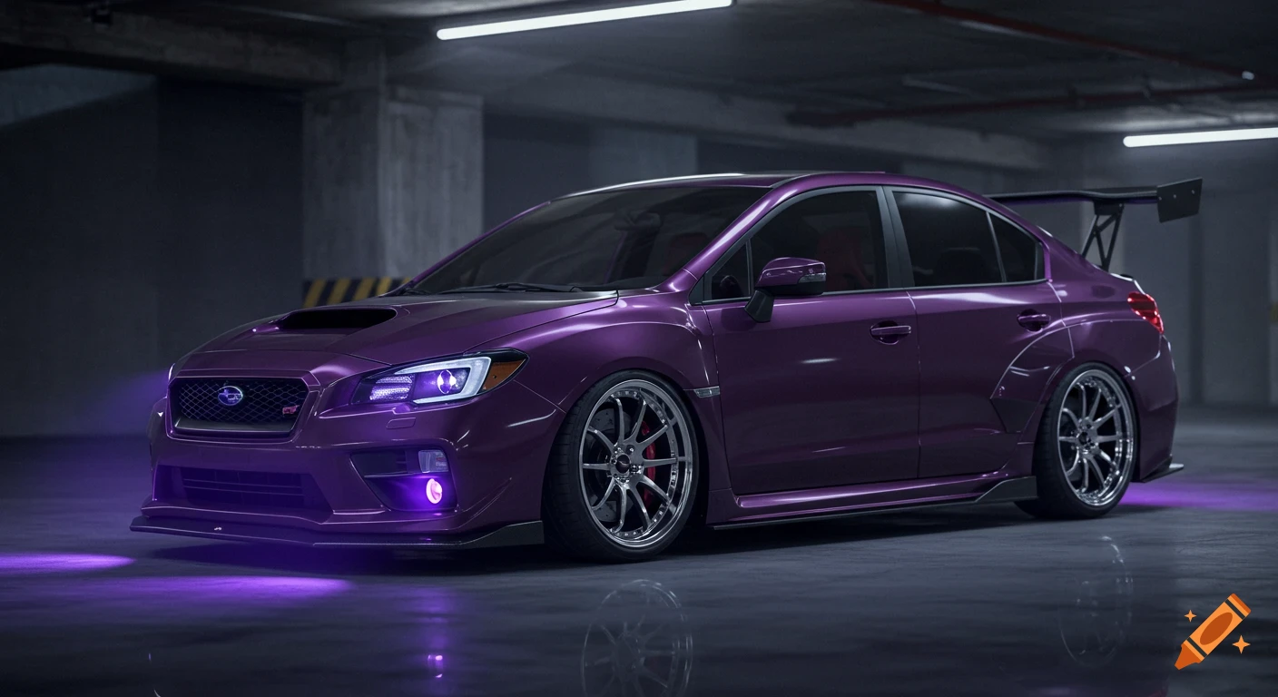 A midnight purple modified Subaru WRX sports car with custom chrome wheels, a racing wing, and purple underglow lights parked in a garage.