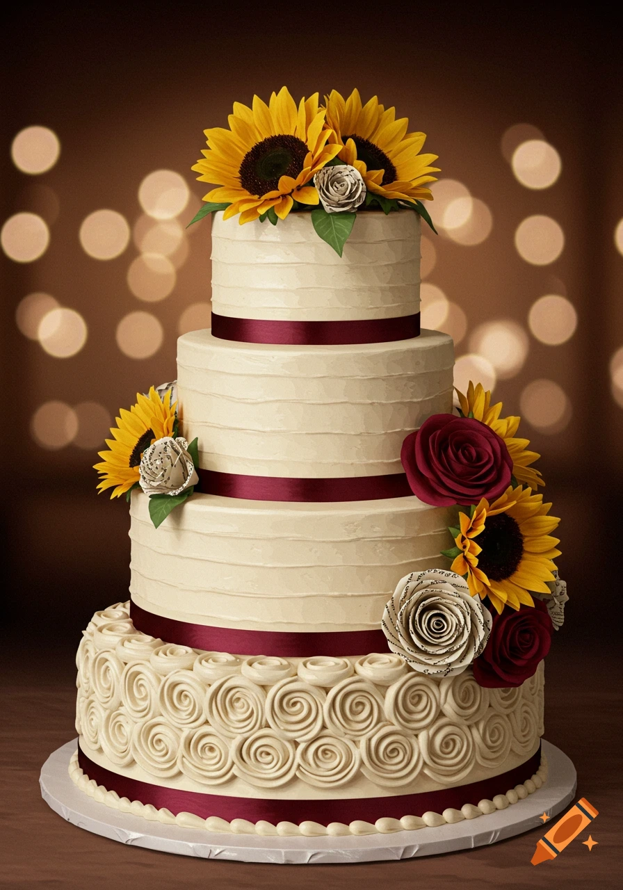A three-tier wedding cake decorated with sunflowers, burgundy roses, book page roses, and burgundy ribbons, against a bokeh background.