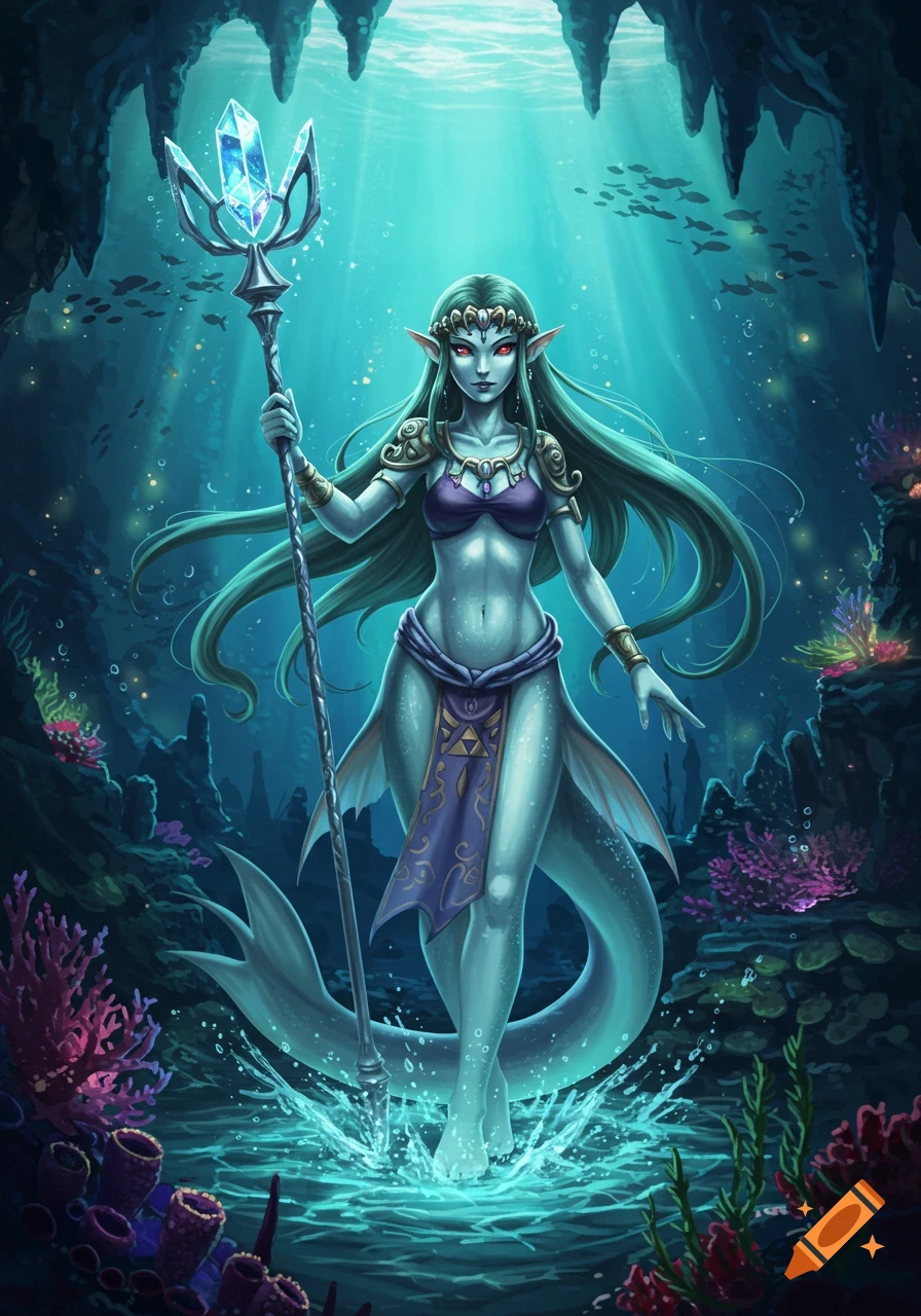 A green-haired Zora-like female character with red eyes, wearing a purple bikini top and loincloth, stands underwater holding a crystal staff amidst coral.