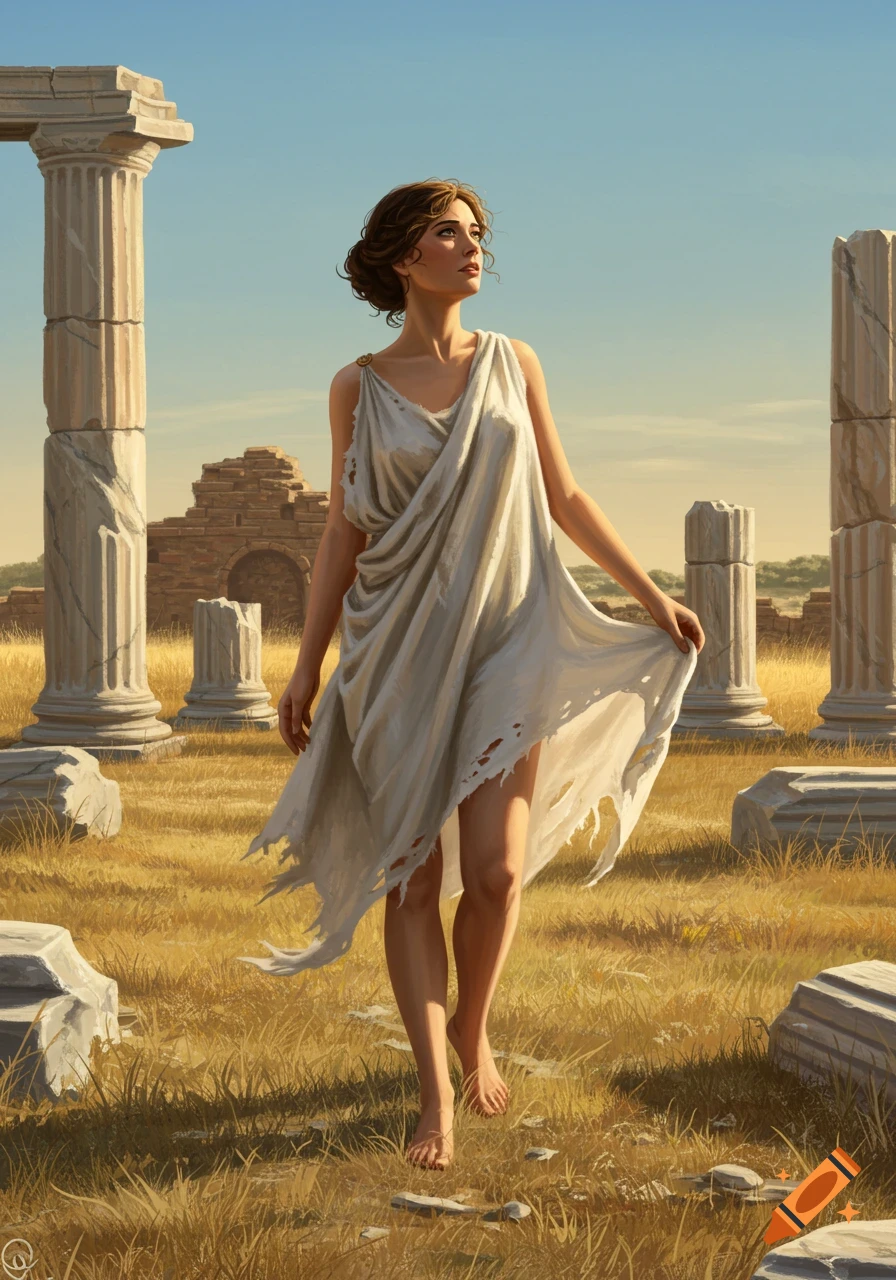 A barefoot woman in a tattered white toga stands in a golden field amidst ancient Roman ruins, looking up at the clear sky.