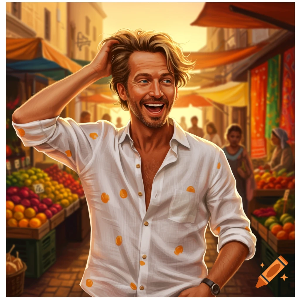 Vibrant illustration of a smiling blonde man in a patterned white shirt, scratching his head in a bustling outdoor fruit market.