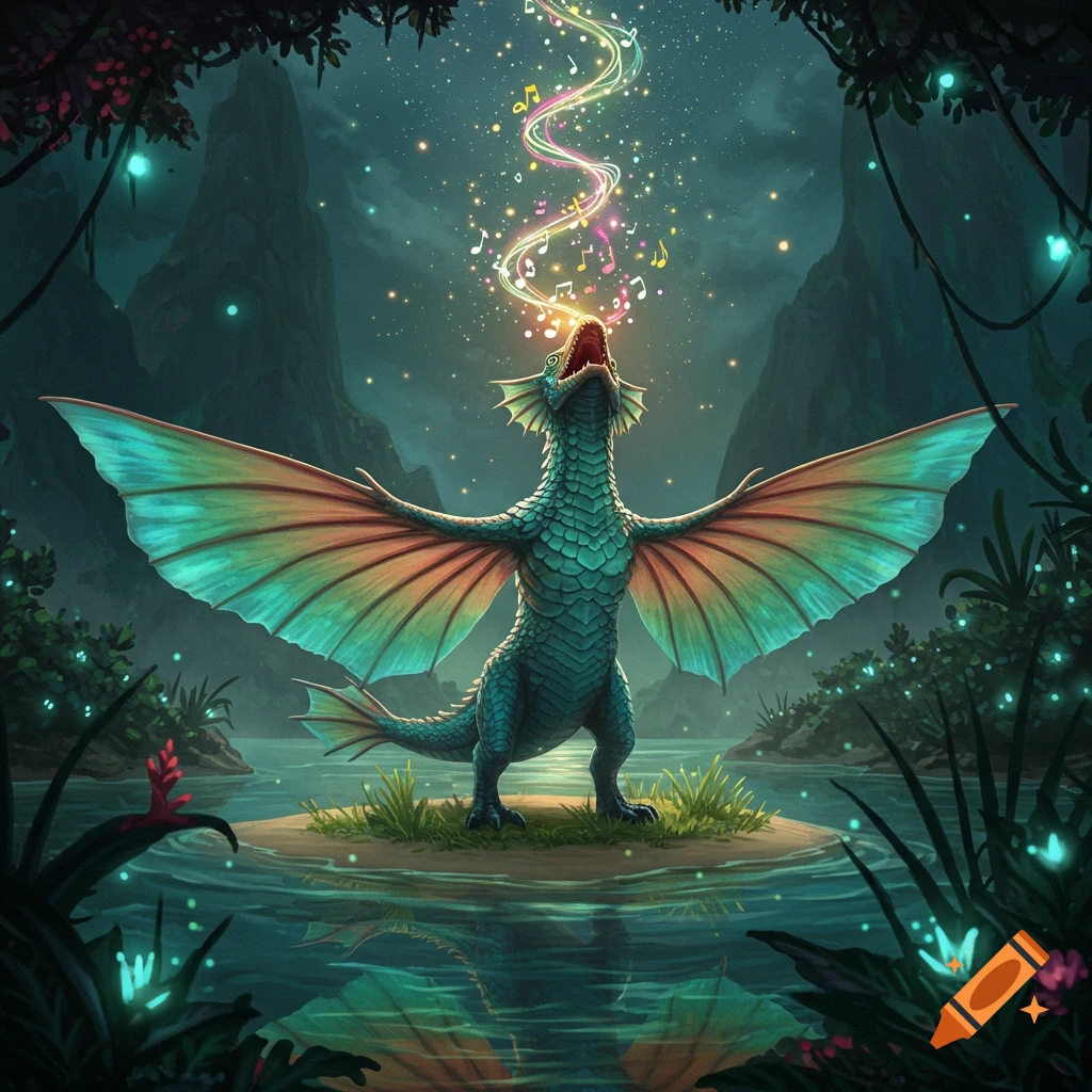 Teal winged dragon-like creature singing in a magical jungle, colorful musical notes emanating from its mouth.