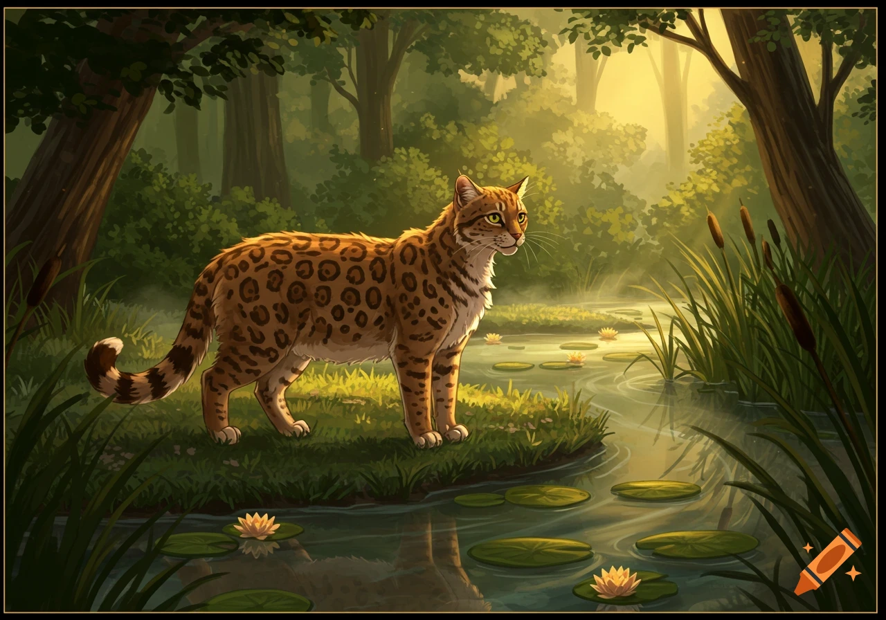 A spotted feline stands by a misty stream with water lilies and cattails in a sunlit forest, digital art.
