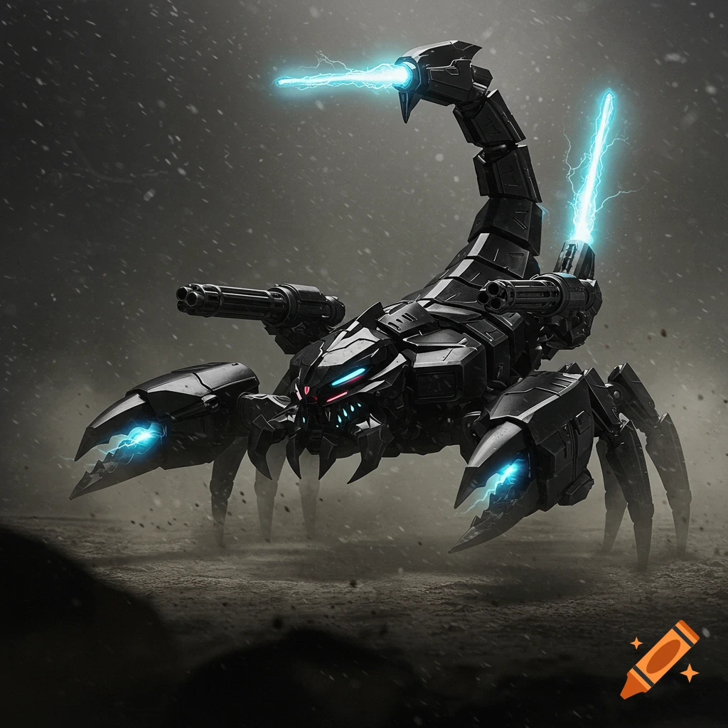 A black mechanical scorpion zord with gatling guns and a glowing blue energy railgun tail stands in a desolate, dusty landscape.
