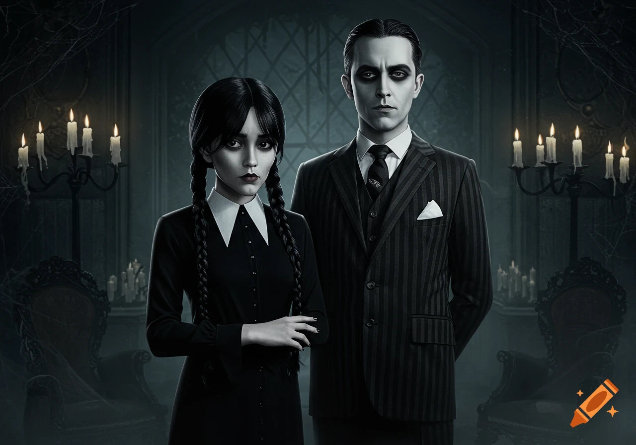 A pale woman with pigtails in a black dress and a pale man in a striped suit stand in a dark, gothic room with candles.