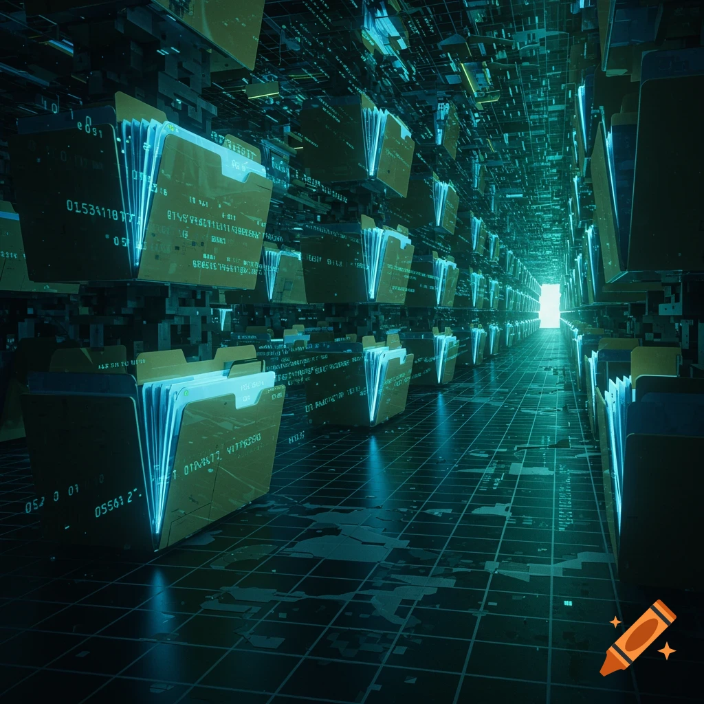 A futuristic, glowing corridor lined with digital file folders and abstract data, representing virtual data storage.