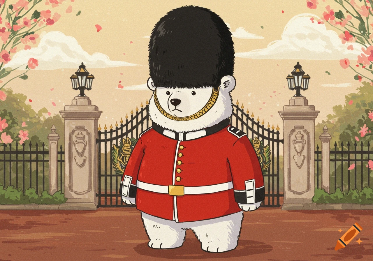 A cute cartoon polar bear dressed as a Queen's Guard stands proudly in front of ornate gates with blooming flowers.