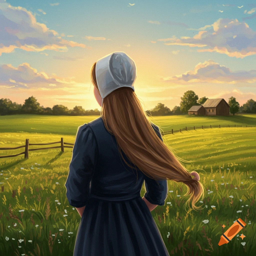 An illustrated girl with a white bonnet and long brown hair faces away, looking at a golden sunset over a green field with barns.